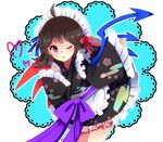  ;p alternate_costume apron asymmetrical_wings bad_id bad_pixiv_id banned_artist black_hair frilled_sleeves frills houjuu_nue japanese_clothes kimono long_sleeves maid_headdress one_eye_closed red_eyes shirokuro_gin short_hair tongue tongue_out touhou wide_sleeves wings 