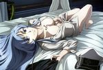  absurdres akame_ga_kill! bangs barefoot bed_sheet blue_eyes blue_hair breasts cleavage collarbone esdeath hand_on_own_stomach hat hat_removed headwear_removed highres indoors large_breasts light_smile long_hair looking_at_viewer lying naked_shirt nyantype official_art on_back on_bed peaked_cap shirt tattoo unbuttoned undressing 