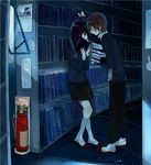  1girl bad_id bad_pixiv_id black_hair blazer blush book bookshelf brown_hair carrying fire_extinguisher jacket lingmuzi original school_uniform shoes smile uwabaki 