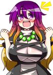  1girl :d bangs beads black_dress blonde_hair blush breasts clenched_hands cross-laced_clothes dress gradient_hair hair_between_eyes happy highres hijiri_byakuren jewelry large_breasts long_hair looking_at_viewer multicolored_hair necklace no_nose open_mouth puffy_short_sleeves puffy_sleeves purple_eyes purple_hair rindou_(p41neko) short_sleeves sidelocks simple_background smile solo touhou turtleneck upper_body very_long_hair white_background 