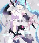  aqua_eyes aqua_hair argyle argyle_background bad_id bad_pixiv_id bridal_gauntlets center_opening happy_birthday hatsune_miku hatsune_miku_(append) long_hair microphone necktie or_i outstretched_arm pinky_out solo thighhighs twintails very_long_hair vocaloid vocaloid_append 