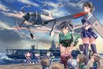  15.2cm_single_gun_mount 25mm_twin_autocannon_mount 35.6cm_twin_gun_mount 6+girls ahoge aircraft aircraft_carrier airplane black_eyes black_hair blush_stickers braid brown_eyes brown_hair cloud collarbone doraxi fairy_(kantai_collection) flying food goggles goggles_on_head green_hair hand_on_hip highres horizon japanese_clothes kaga_(kantai_collection) kantai_collection leaning_forward long_hair looking_at_viewer looking_down military military_vehicle multiple_girls muneate ocean onigiri ponytail purple_hair red_hair reppuu_(kantai_collection) scarf school_uniform serafuku ship short_hair side_ponytail single_braid sky smile souryuu_(kantai_collection) suisei_(kantai_collection) thighhighs twintails type_0_fighter_model_21 type_96_fighter type_97_torpedo_bomber warship water watercraft wind 