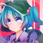  backpack bad_id bad_pixiv_id bag blue_eyes blue_hair blush blush_stickers cabbie_hat dress frilled_shirt_collar frills hair_bobbles hair_ornament hand_on_headwear hand_on_own_head hat highres kawashiro_nitori koyuri_chii long_sleeves looking_at_viewer ribbon shirt short_hair short_twintails solo touhou twintails two_side_up upper_body 