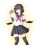  alternate_costume bird_wings blush brown_hair camera collarbone detached_wings isaki_(gomi) looking_at_viewer low_wings miniskirt pleated_skirt pointy_ears red_eyes school_uniform serafuku shameimaru_aya short_hair skirt smile solo thighhighs touhou wings zettai_ryouiki 