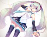  ;) ass_visible_through_thighs blue_eyes detached_sleeves green_hair hatsune_miku headset highres long_hair necktie niwashi_(yuyu) one_eye_closed pointing revision skirt smile solo thighhighs twintails v v_over_eye very_long_hair vocaloid 