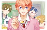  4boys blonde_hair blue_hair brown_hair closed_eyes feeding food free! glasses hazuki_nagisa incoming_food male_focus multiple_boys necktie opaque_glasses open_mouth pink_hair pov_feeding pudding purple_eyes red_eyes ryuugazaki_rei school_uniform shigino_kisumi smile sparkle spoon star star-shaped_pupils sweat sweater symbol-shaped_pupils tachibana_makoto wada_chiyon 