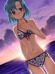  74 alternate_costume bikini blue_eyes blue_hair blush breasts circlet cleavage cloud cloudy_sky cowboy_shot embarrassed fire_emblem fire_emblem:_fuuin_no_tsurugi front-tie_top hand_on_own_chest looking_at_viewer navel ocean short_hair side-tie_bikini sky small_breasts solo sunset swimsuit tate 