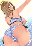  23_(real_xxiii) ahoge_girl_(23) ass bikini black_ribbon blonde_hair blue_bikini blue_eyes blush breasts breasts_outside cameltoe camouflage digital_camouflage fat_mons from_behind highres large_breasts leaning leaning_forward long_hair looking_back nipples one_eye_closed original partially_submerged ribbon side-tie_bikini simple_background skindentation smile solo swimsuit wading water wet white_background 
