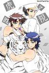  birthmark black_hair blue_hair brown_hair candy family food green_eyes hat joestar_birthmark jojo_no_kimyou_na_bouken jonathan_joestar joseph_joestar_(young) kuujou_joutarou lollipop male_focus midriff multiple_boys nightcat shirt tiger white_shirt white_tiger 