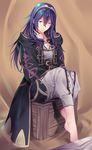  alternate_costume barefoot blue_hair breasts cleavage cosplay crate feet fire_emblem fire_emblem:_kakusei highres long_hair lucina my_unit my_unit_(cosplay) nashoki non-web_source sitting small_breasts smile solo tiara tusia 