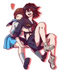  black_hair brown_hair closed_eyes heart highres hug hug_from_behind kill_la_kill mankanshoku_mako matoi_ryuuko multiple_girls one_eye_closed school_uniform senketsu serafuku shimiko_(anchobija) short_hair skirt smile white_background 