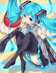  aqua_eyes aqua_hair boots detached_sleeves food food_on_face fork fruit hatsune_miku long_hair looking_at_viewer mouth_hold necktie nuira skirt solo strawberry thigh_boots thighhighs twintails very_long_hair vocaloid 