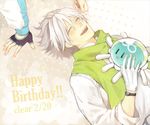  bad_id bad_pixiv_id clear_(dramatical_murder) closed_eyes dramatical_murder fingerless_gloves gloves hand_in_another's_hair happy_birthday laughing lying mole saned261 scarf seragaki_aoba smile stuffed_animal stuffed_toy watch white_hair wristwatch 