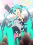  absurdres aqua_eyes aqua_hair arm_up concert detached_sleeves hatsune_miku highres long_hair microphone microphone_stand necktie one_eye_closed open_mouth outstretched_arm panties skirt solo striped striped_panties thighhighs twintails underwear very_long_hair vocaloid yuzuki_kei 