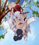  animal_ears armpits binoculars blue_sky cloud covering covering_crotch dappled_sunlight day grin hanging hanging_from_tree highres ichinen_konto inubashiri_momiji long_sleeves one_eye_closed red_eyes shirt silver_hair skirt sky smile solo sunlight sword tail touhou tree upside-down weapon wide_sleeves wolf_ears wolf_tail 