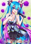  bad_id bad_pixiv_id blue_eyes blue_hair dress hand_on_own_chest happy_birthday hatsune_miku long_hair microphone microphone_stand nail_polish open_mouth solo thighhighs twintails uekiya_touki very_long_hair vocaloid 