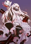  breasts cleavage covered_mouth desuko dress fingernails highres kantai_collection long_fingernails long_hair long_sleeves medium_breasts midway_hime red_eyes shinkaisei-kan solo very_long_hair white_dress white_hair white_skin 