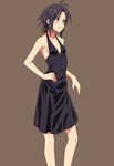  ahoge antenna_hair bare_shoulders black_hair blush brown_eyes dress earrings hand_on_hip idolmaster idolmaster_(classic) jewelry kaimuu_(fahrenheit724) kikuchi_makoto open_mouth short_hair simple_background sleeveless sleeveless_dress smile solo 