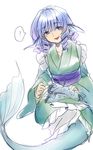  ? blue_eyes blue_hair drill_hair fish head_fins highres holding japanese_clothes mermaid monster_girl obi sash shirane_koitsu short_hair sitting solo speech_bubble spoken_question_mark tasuki touhou wakasagihime white_background wide_sleeves 