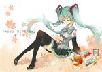  2014 artist_name boots cake candle character_name closed_eyes cup dated detached_sleeves food fork green_hair happy_birthday hatsune_miku highres hourglass ironaki long_hair necktie sitting skirt solo sugar_cube teacup teapot thigh_boots thighhighs twintails very_long_hair vocaloid 