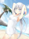  armpits arms_behind_head arms_up ball beach beachball blue_eyes blush cloud coconut_tree covered_navel day hako_roku long_hair looking_at_viewer ocean one-piece_swimsuit original outdoors palm_tree school_swimsuit silver_hair sky solo swimsuit tree very_long_hair white_school_swimsuit white_swimsuit 