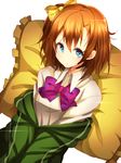  blazer blue_eyes bow bowtie brown_hair dress_shirt frilled_pillow frills hair_bow hair_ribbon jacket kousaka_honoka looking_at_viewer love_live! love_live!_school_idol_project nuira one_side_up otonokizaka_school_uniform pillow ribbon school_uniform shirt solo track_jacket 