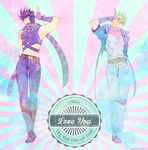  blonde_hair caesar_anthonio_zeppeli feathers fingerless_gloves gloves hair_feathers jojo_no_kimyou_na_bouken joseph_joestar_(young) midriff multiple_boys purple_hair ribbon scarf vsjojo 