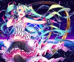  gloves green_eyes green_hair hatsune_miku headphones headset kina_(446964) long_hair midriff navel open_mouth outstretched_arm piano_print skirt solo thighhighs twintails very_long_hair vocaloid 