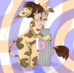  anthro blue_eyes bovine breasts brown_hair cali cattle chubby cute female fur gesture hair hershey horn kelso-crazy kneeling mammal milk milk_can nipples nude pinup ponytail pose solo spots tail_tuft tuft v_sign 