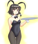  animal_ears arm_behind_back black_hair bow bowtie breasts brown_eyes bunny_ears bunnysuit cleavage cowboy_shot detached_collar isaki_(gomi) open_mouth pantyhose short_hair small_breasts thigh_gap touhou tray usami_renko wrist_cuffs 