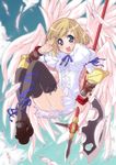  :d ankle_lace-up axe blonde_hair blue_eyes cross-laced_footwear feathered_wings gauntlets holding looking_at_viewer mary_janes open_mouth original ribbon salute shoes short_hair smile solo tsurugi_yasuyuki weapon wings 
