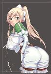  1girl ass at blonde_hair blush bracelet braid breast_hold breasts elf green_eyes hair_ornament huge_breasts jewelry lactation large_breasts leafa leaning leaning_forward long_hair looking_at_viewer milk_leaking_through_clothing pants pointy_ears ponytail puffy_sleeves sword_art_online 