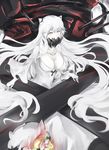  black_nails breasts collarbone covered_mouth dress fire frilled_sleeves frills horns kantai_collection kz_nagomiya large_breasts long_hair long_sleeves midway_hime nail_polish pale_skin shinkaisei-kan solo turret very_long_hair white_dress white_hair white_skin yellow_eyes 