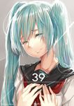  39 2014 aqua_hair artist_name birthday closed_eyes commentary dated hands_on_own_chest hatsune_miku hews_hack long_hair school_uniform serafuku smile solo twintails vocaloid 