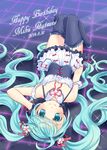  2014 blush boots character_name dated garter_straps gloves happy_birthday hatsune_miku headset long_hair looking_at_viewer lying on_back smile solo thigh_boots thighhighs upside-down very_long_hair vocaloid yayoi_(egoistic_realism) 