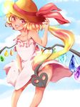  alternate_costume asymmetrical_hair asymmetrical_wings bare_legs bare_shoulders beach blonde_hair dress dress_tug faux_traditional_media flandre_scarlet hat highres laevatein looking_at_viewer ocean open_mouth pink_dress pointy_ears red_eyes short_hair side_ponytail smile solo strap straw_hat tan touhou wings 
