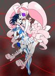  big_hair boots bow dress drill_hair eyepatch hair_bow harime_nui junketsu kill_la_kill life_fiber long_hair matoi_ryuuko multiple_girls pink_bow pink_footwear short_hair spoilers thigh_boots thighhighs twin_drills twintails urara66 