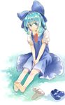  barefoot blue_dress blue_hair bow cirno dress hair_bow highres legwear_removed mary_janes puffy_short_sleeves puffy_sleeves ribbon shirane_koitsu shoes shoes_removed short_hair short_sleeves single_sock sitting socks socks_removed solo touhou v_arms white_legwear 