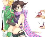  3boys arm_hug battle_tendency blonde_hair blue_eyes breasts brown_hair caesar_anthonio_zeppeli earrings esidisi facial_mark fingerless_gloves genderswap genderswap_(mtf) gloves green_jacket highleg highleg_panties jacket jewelry jojo_no_kimyou_na_bouken joseph_joestar_(young) large_breasts lips midriff multiple_boys navel nightcat panties proposal ring scarf short_shorts shorts sparkle thong underwear wamuu wedding_band 