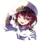  admiral_(kantai_collection) admiral_(kantai_collection)_(cosplay) brown_eyes brown_hair combat_s-ko cosplay fang gloves hair_ornament hairclip hat ikazuchi_(kantai_collection) kantai_collection looking_at_viewer military military_uniform naval_uniform one_eye_closed open_mouth salute short_hair solo uniform 