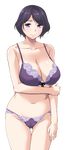  1girl blue_eyes bra breasts game_cg highres huge_breasts legs lingerie looking_at_viewer navel panties purple_hair short_hair simple_background smile solo standing studio_ubai thighs tomohiro_kai transparent_background ubai_-hito_no_onna,_urimasu- ubai_~hito_no_onna_urimasu~ underwear utsugi_tsubaki 