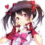 \m/ black_hair bokura_wa_ima_no_naka_de close-up double_\m/ fingerless_gloves gloves hair_ornament looking_at_viewer love_live! love_live!_school_idol_project nuira red_eyes solo twintails yazawa_nico 