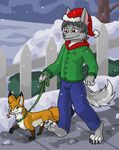  antrho art: candy_cane canine chlothing christmas collar fence feral fox fur green_eyes green_pawpads grey_fur holidays leash mammal orange_fur rommy_winterlight shin_lehra snow thekc tree walkie winter wolf 