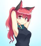  alternate_hairstyle animal_ears armpits arms_up blush cat_ears isaki_(gomi) kaenbyou_rin long_hair looking_at_viewer ponytail red_eyes red_hair shirt simple_background sleeveless sleeveless_shirt smile solo touhou 