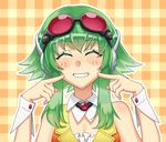  ^_^ bad_id bad_pixiv_id chroma_(chroma000) closed_eyes facing_viewer fingers_to_cheeks goggles goggles_on_head green_hair grin gumi headphones short_hair short_hair_with_long_locks sidelocks smile solo vocaloid 