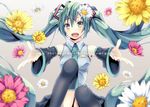  character_name detached_sleeves floating_hair flower green_eyes green_hair hair_flower hair_ornament hatsune_miku long_hair necktie open_mouth outstretched_arms shiomizu_(swat) sitting solo thighhighs twintails very_long_hair vocaloid 