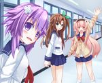  blush bow brown_hair compa d-pad d-pad_hair_ornament green_eyes hair_bow hair_ornament hairband himajin_(starmine) if_(choujigen_game_neptune) long_hair multiple_girls neptune_(choujigen_game_neptune) neptune_(series) purple_eyes purple_hair uniform 