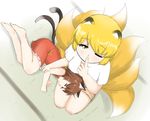  adapted_costume alternate_costume animal_ears bare_arms barefoot blonde_hair brown_hair cat_ears cat_tail chen closed_eyes commentary finger_to_mouth fox_ears fox_tail from_above lap_pillow lying multiple_girls multiple_tails nekomata nishishi no_hat no_headwear on_side one_eye_closed shirt short_sleeves shushing sitting skirt sleeping sleeveless sleeveless_shirt tail tatami touhou yakumo_ran yellow_eyes 