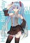  2014 artist_name blue_eyes blue_hair character_name dated detached_sleeves hand_on_hip happy_birthday hatsune_miku itsuki_(yishu) long_hair necktie open_mouth skirt solo thighhighs twintails very_long_hair vocaloid 