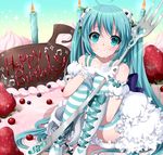  :t ahoge aqua_eyes aqua_hair beamed_eighth_notes boots cake candle cross-laced_footwear eighth_note food fork fruit gloves happy_birthday hatsune_miku in_food knee_boots lace-up_boots long_hair minigirl musical_note myutsusama sitting solo strawberry striped striped_legwear thighhighs treble_clef very_long_hair vocaloid 